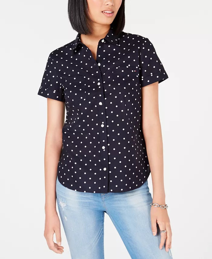 Camisa de acampamento Tommy Hilfiger de algodão com estampa de bolinhas, azul-marinho, tamanho XX-G