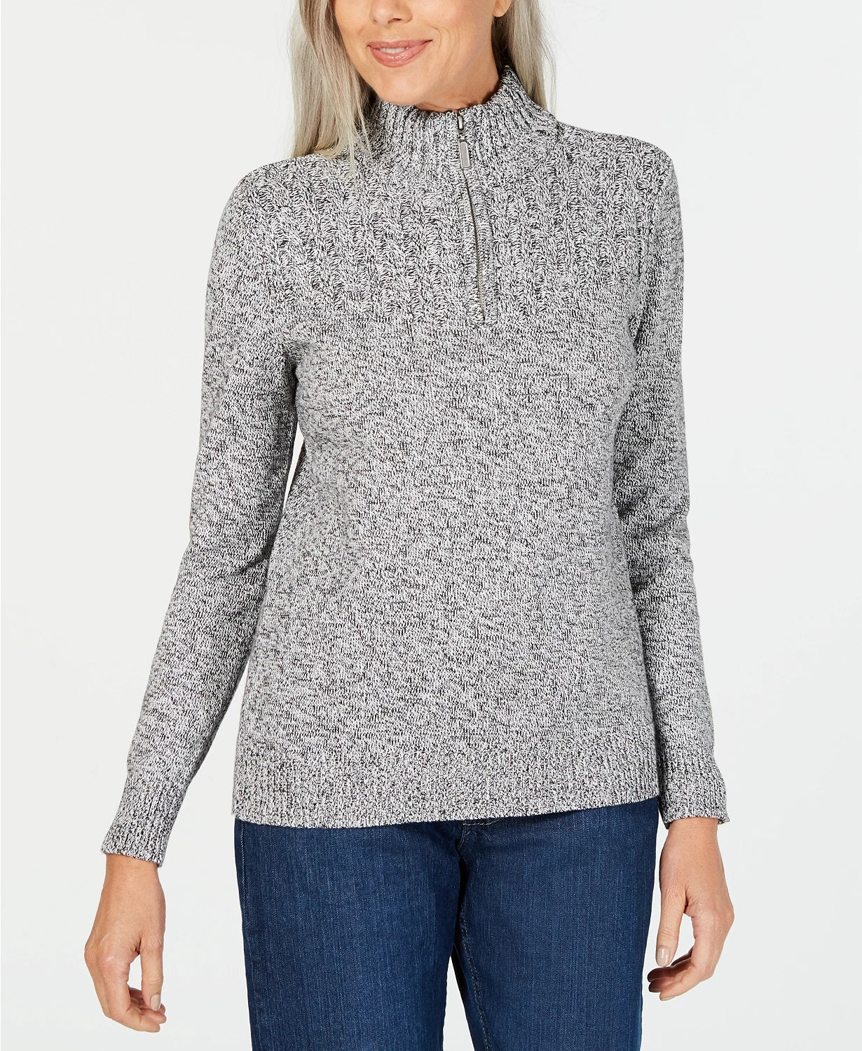 Karen Scott Suéter Feminino de Malha Marled com Zíper em Um Quarto, Branco, Tamanho P