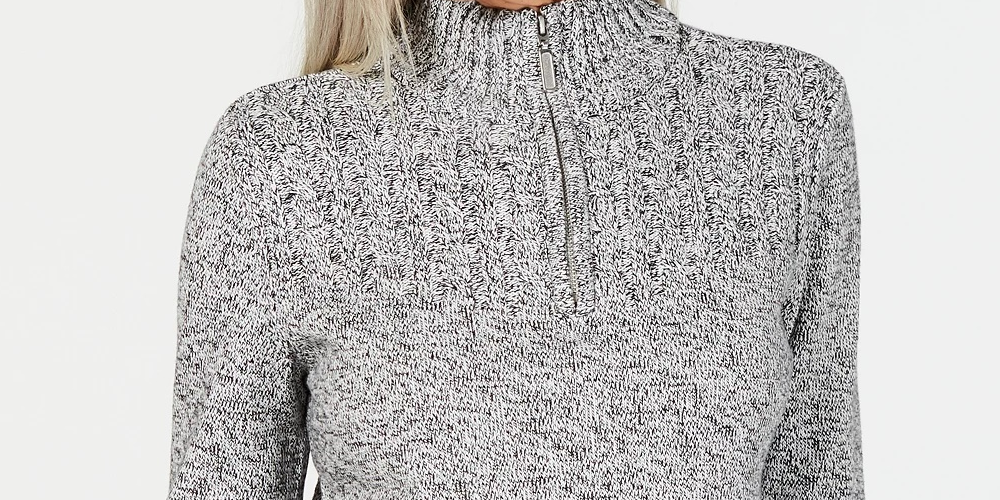Karen Scott Suéter Feminino de Malha Marled com Zíper em Um Quarto, Branco, Tamanho P