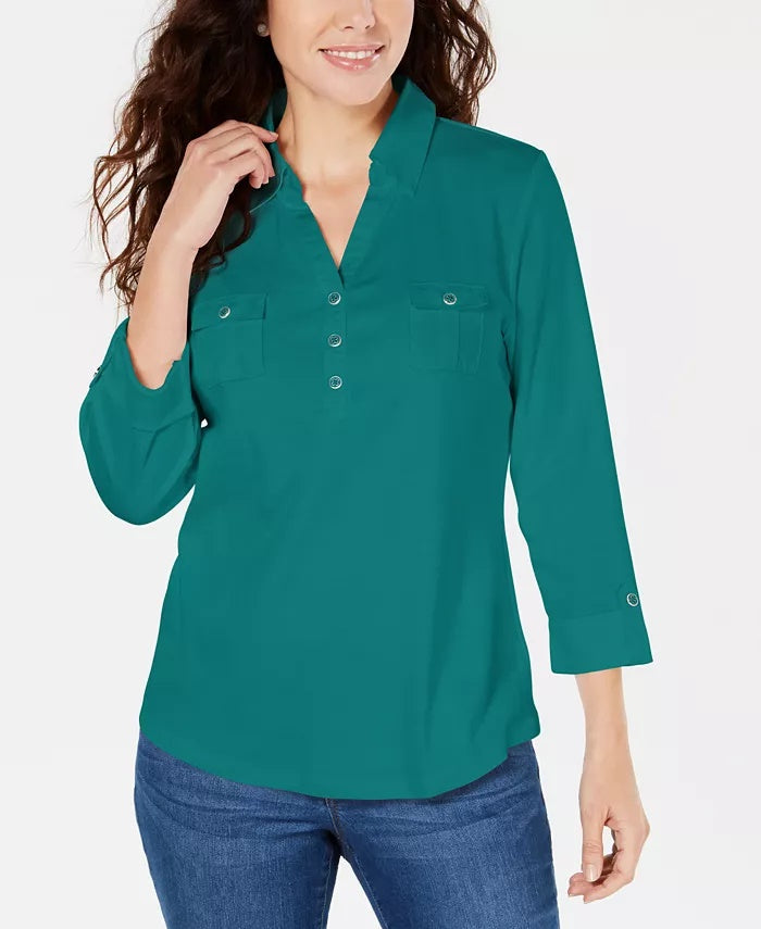 Camisa utilitária Karen Scott Cotton Johnny-Collar, branca, tamanho P