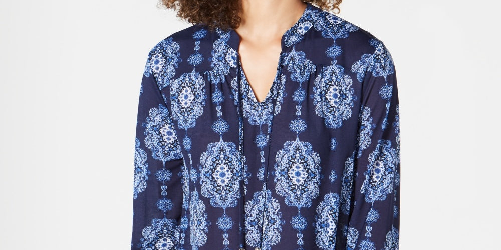Túnica feminina estampada com manga sino estilo &amp; co, azul, tamanho PP
