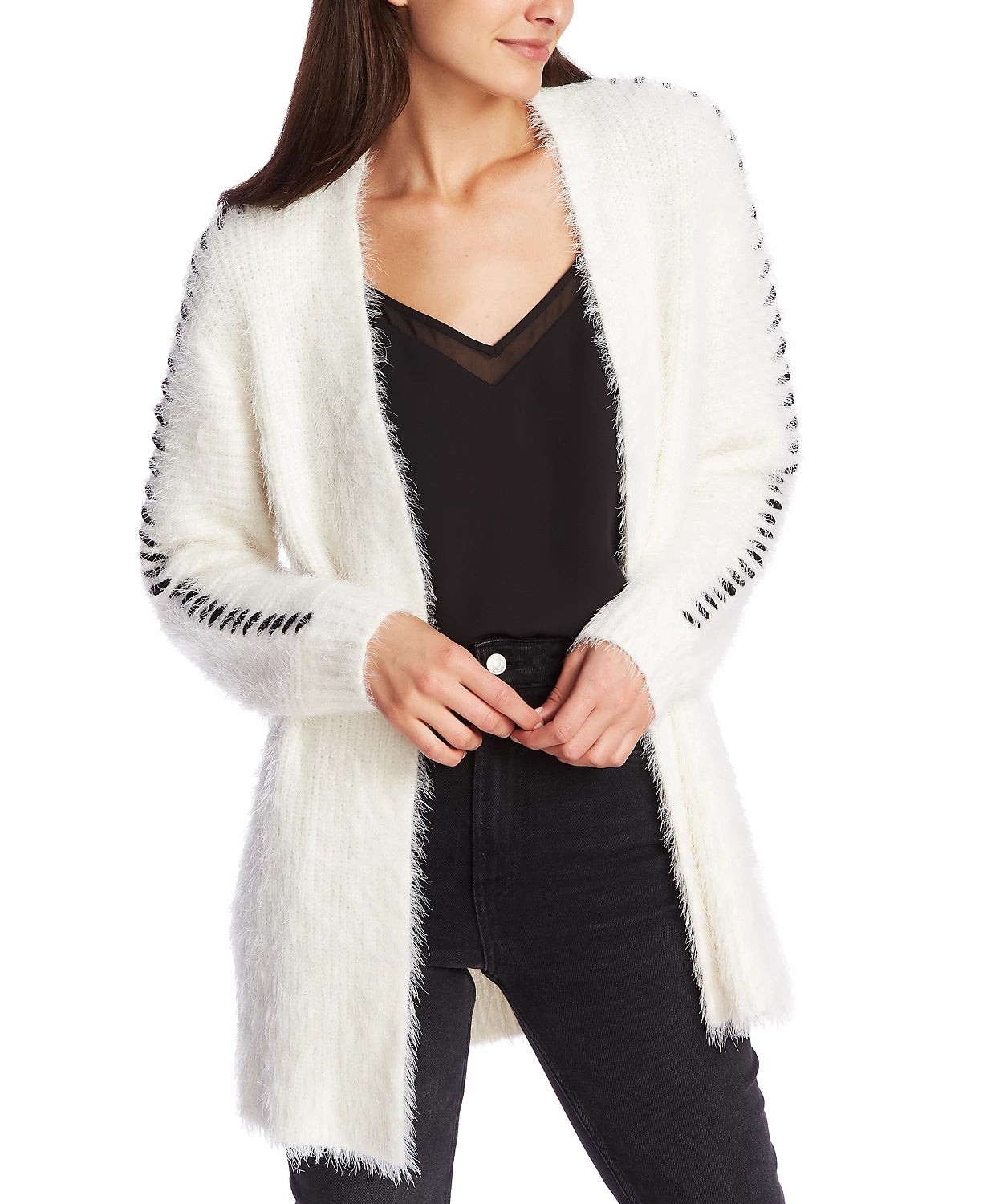 1.STATE Cardigan Feminino Whipstitch Eyelash Branco