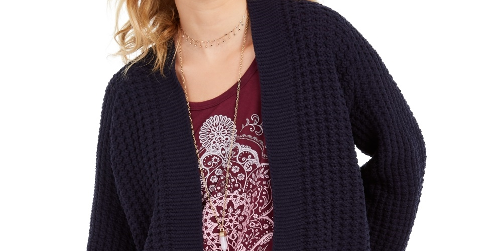 Cardigan feminino estilo &amp; co, tricô grosso, frente aberta, azul marinho, tamanho extra pequeno