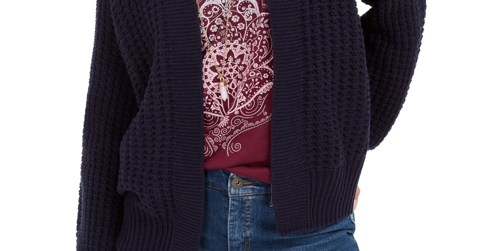Cardigan feminino estilo &amp; co, tricô grosso, frente aberta, azul marinho, tamanho extra pequeno