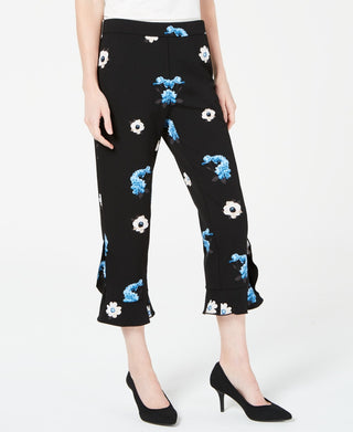 Calça feminina Alfani com estampa floral e babados, preta, tamanho 8