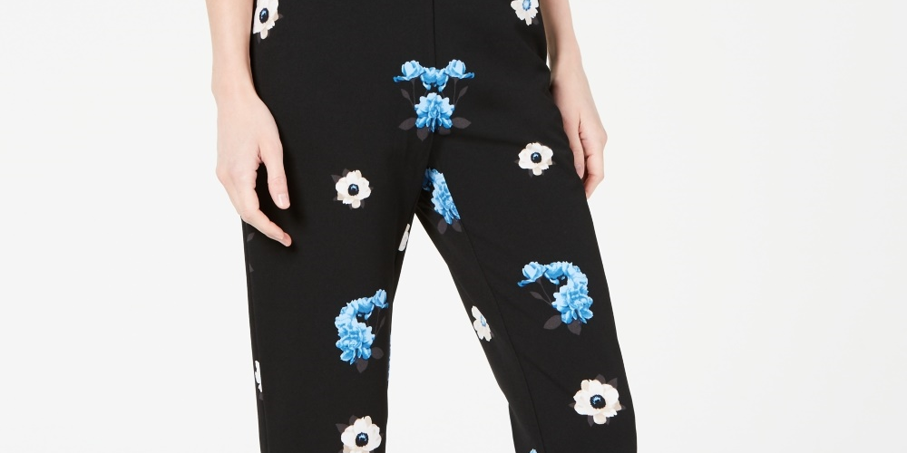 Calça feminina Alfani com estampa floral e babados, preta, tamanho 8
