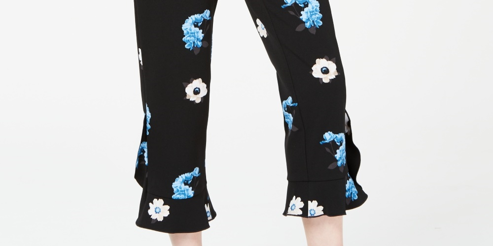 Calça feminina Alfani com estampa floral e babados, preta, tamanho 8