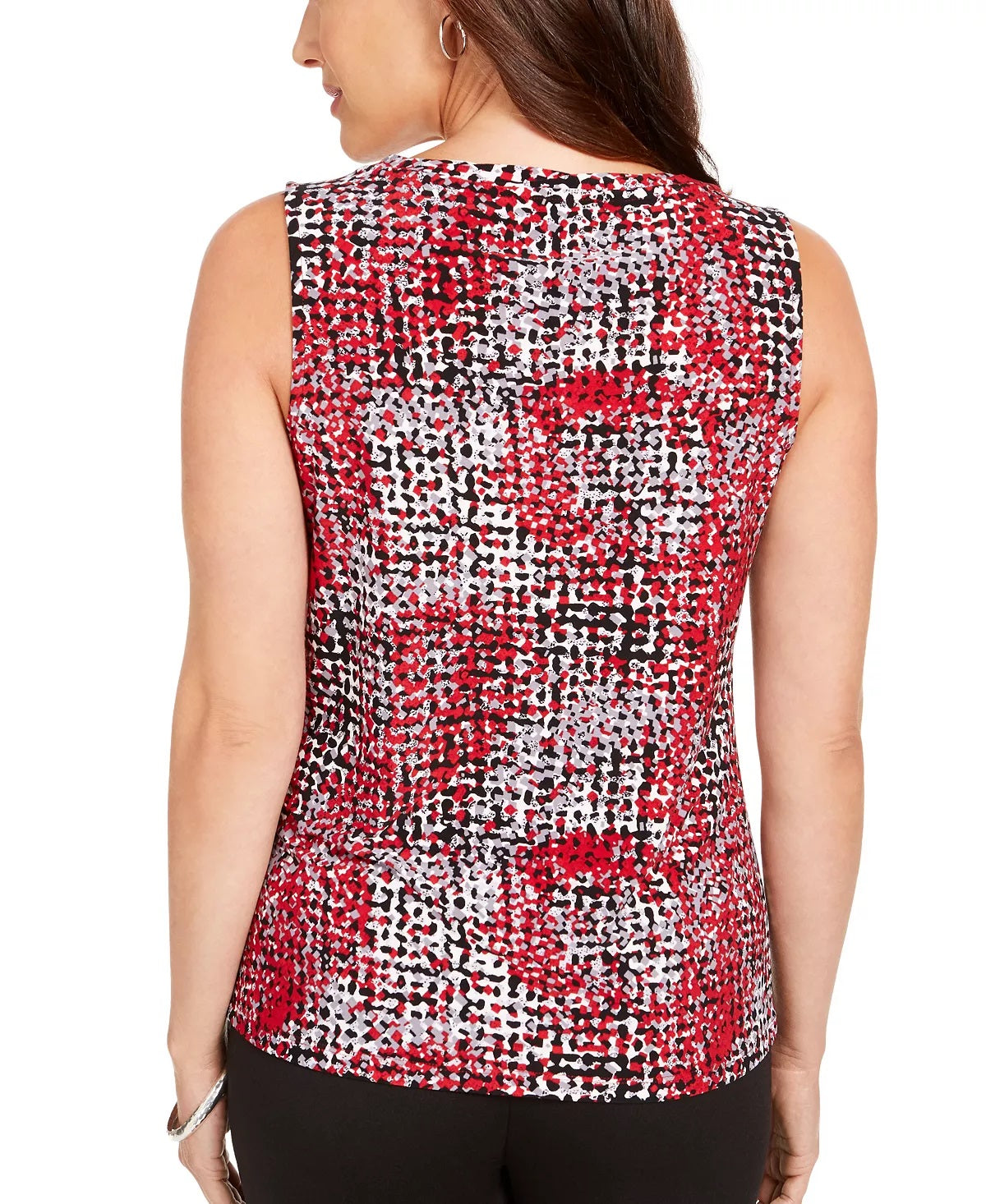 Blusa feminina Kasper sem mangas com decote plissado, vermelha/preta, tamanho PS