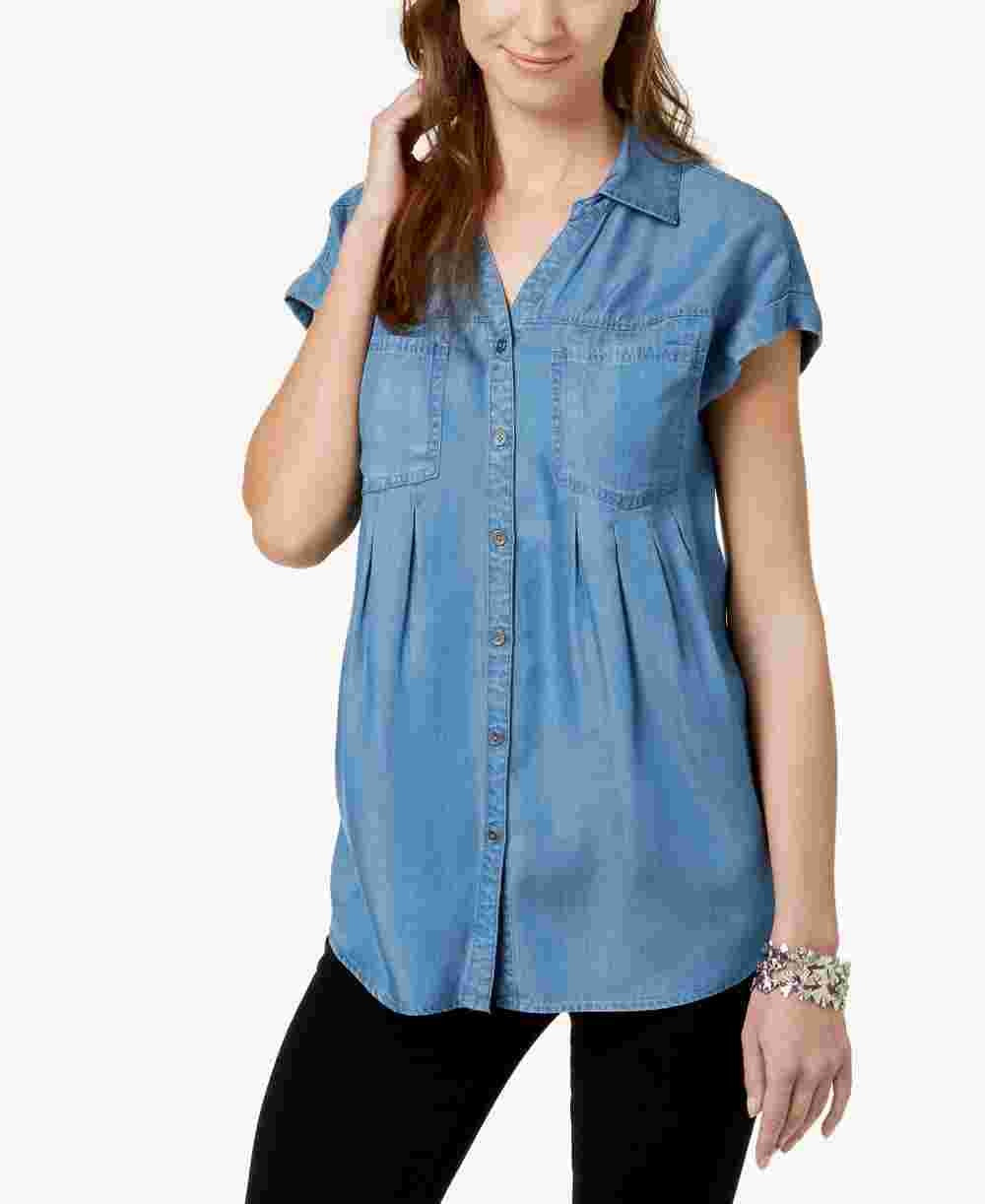 Blusa plissada com mangas e punhos Style &amp; Co feminina, azul, tamanho médio
