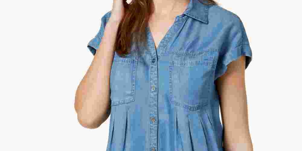 Blusa plissada com mangas e punhos Style &amp; Co feminina, azul, tamanho médio