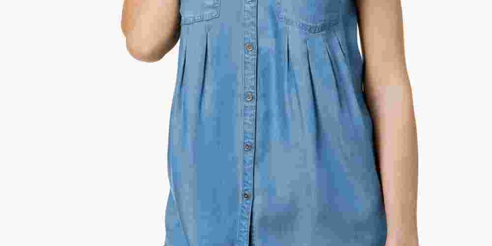 Blusa plissada com mangas e punhos Style &amp; Co feminina, azul, tamanho médio