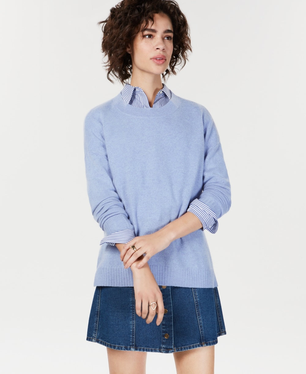 Suéter feminino de cashmere oversized com gola redonda, azul, tamanho M, da Charter Club
