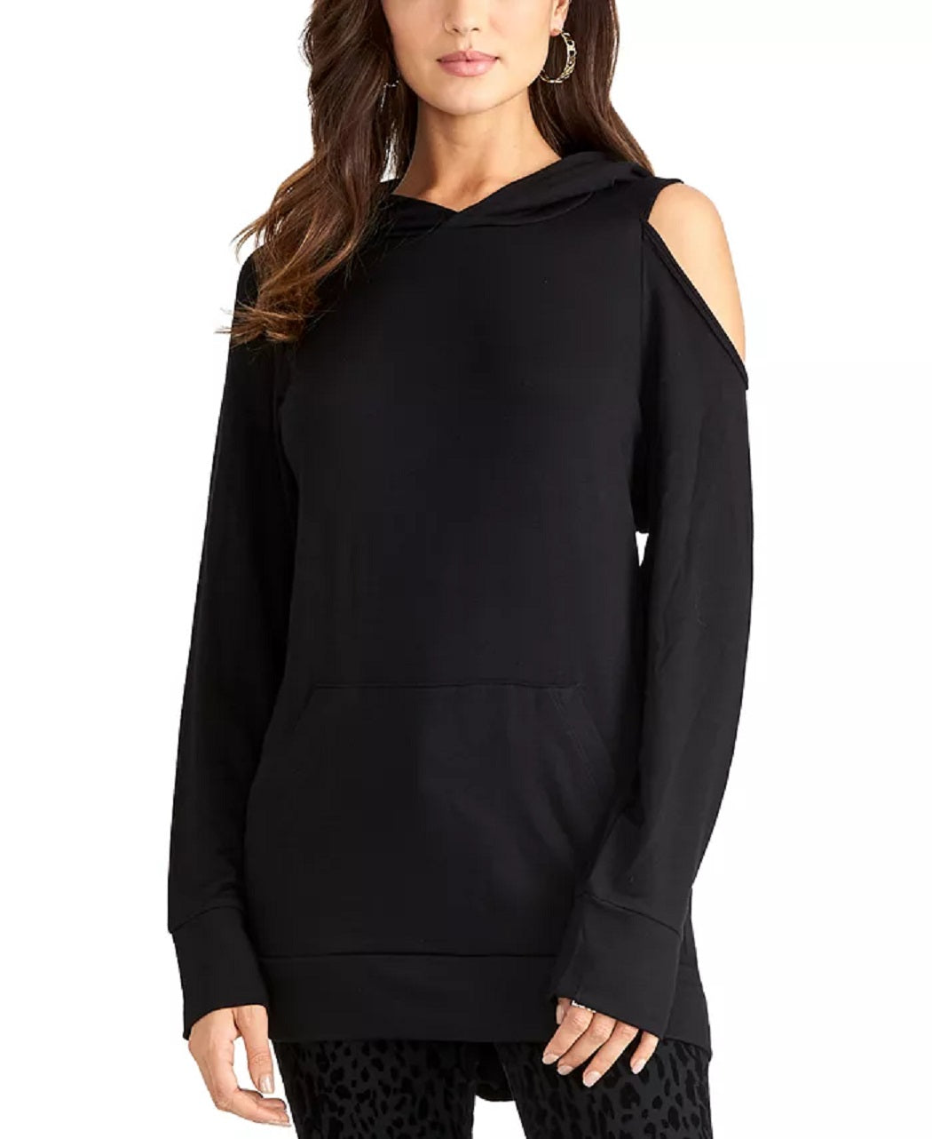 Moletom com capuz feminino Rachel Roy com ombro vazado, preto, tamanho médio