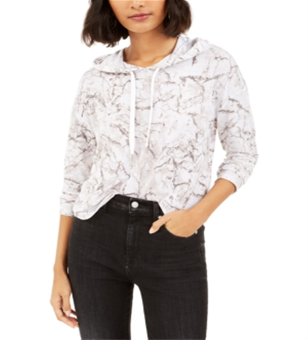 Bar III Moletom com capuz feminino com estampa de mármore, branco, tamanho extragrande