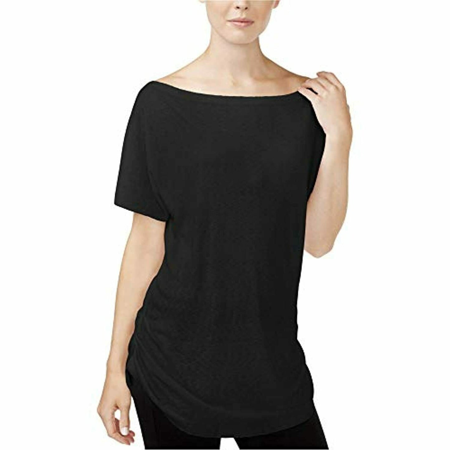 Camiseta feminina Rachel Roy com decote canoa franzido, preta, tamanho médio