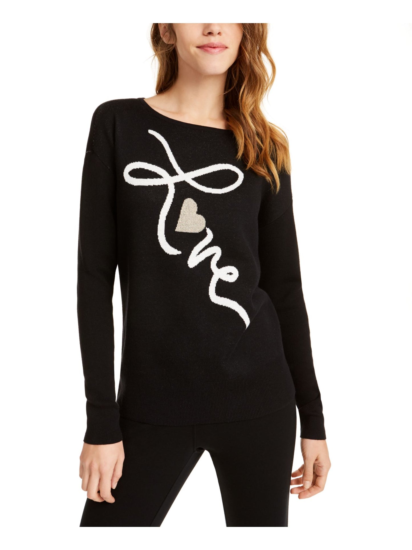 Suéter feminino Maison Jules de algodão misto listrado, manga comprida, gola redonda, preto, tamanho médio