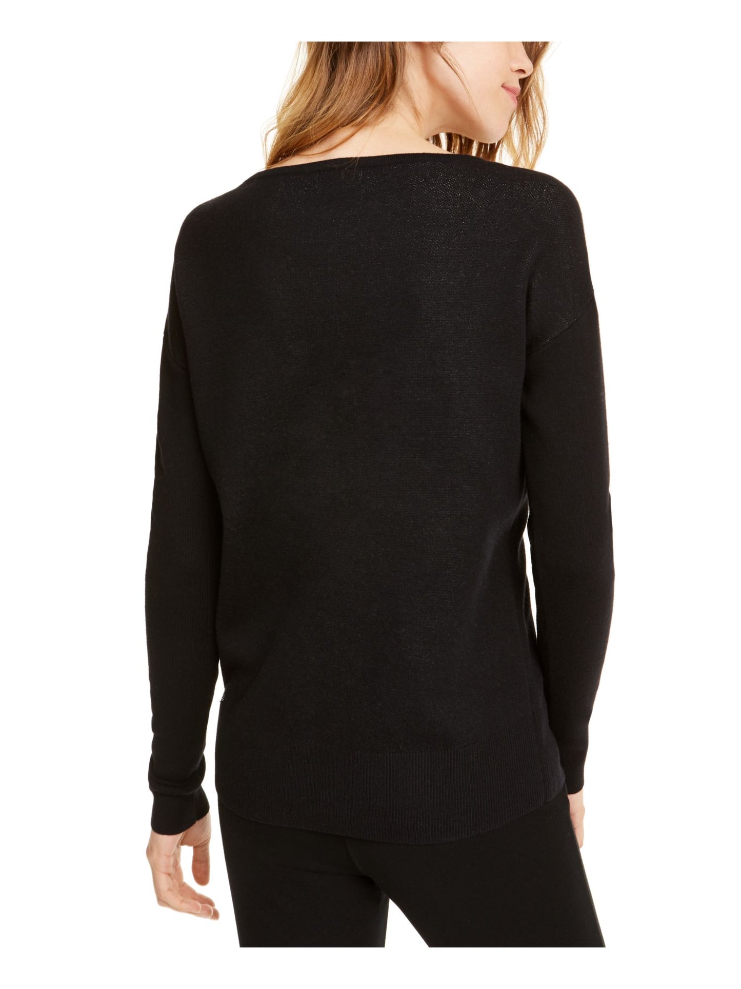 Suéter feminino Maison Jules de algodão misto listrado, manga comprida, gola redonda, preto, tamanho médio