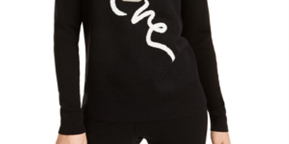 Suéter feminino Maison Jules de algodão misto listrado, manga comprida, gola redonda, preto, tamanho médio