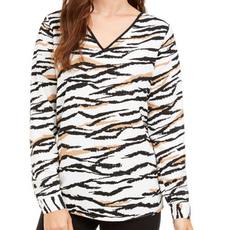 Blusa feminina Alfani com decote em V e estampa animal, preta, tamanho pequeno