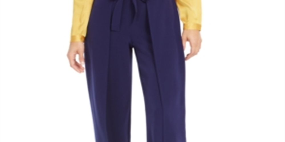 Calça feminina Bar III com amarração frontal e perna larga, azul escuro, tamanho XX-G