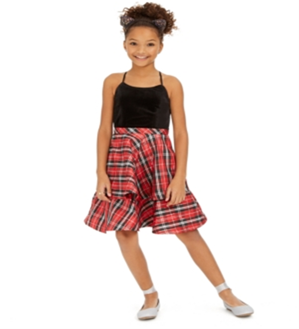Vestido bolero e xadrez com 2 peças de cílios e corações de lantejoulas para meninas grandes, tamanho 10, vermelho
