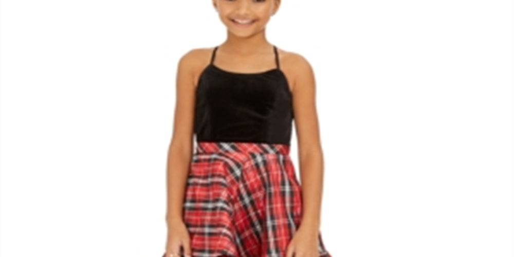 Vestido bolero e xadrez com 2 peças de cílios e corações de lantejoulas para meninas grandes, tamanho 10, vermelho