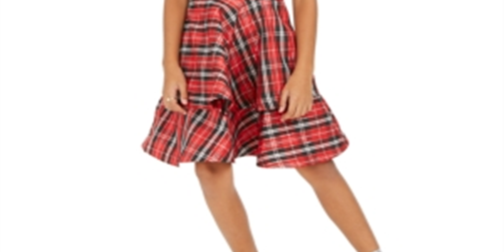 Vestido bolero e xadrez com 2 peças de cílios e corações de lantejoulas para meninas grandes, tamanho 10, vermelho