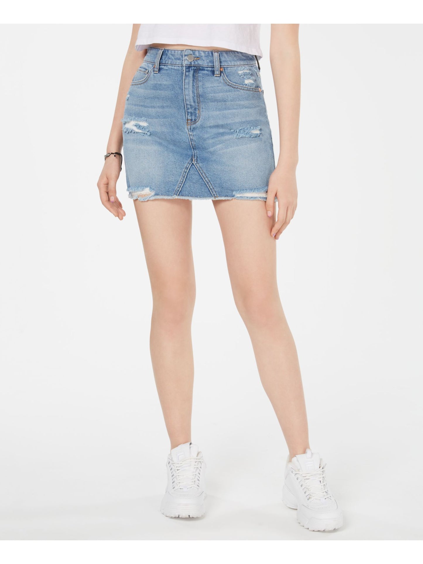 Tinseltown Saia lápis feminina jeans rasgada, com bolso elástico e zíper, tamanho 13, azul