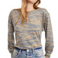 Blusa camuflada feminina Free People, manga comprida, gola redonda, verde, tamanho pequeno