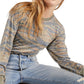 Blusa camuflada feminina Free People, manga comprida, gola redonda, verde, tamanho pequeno