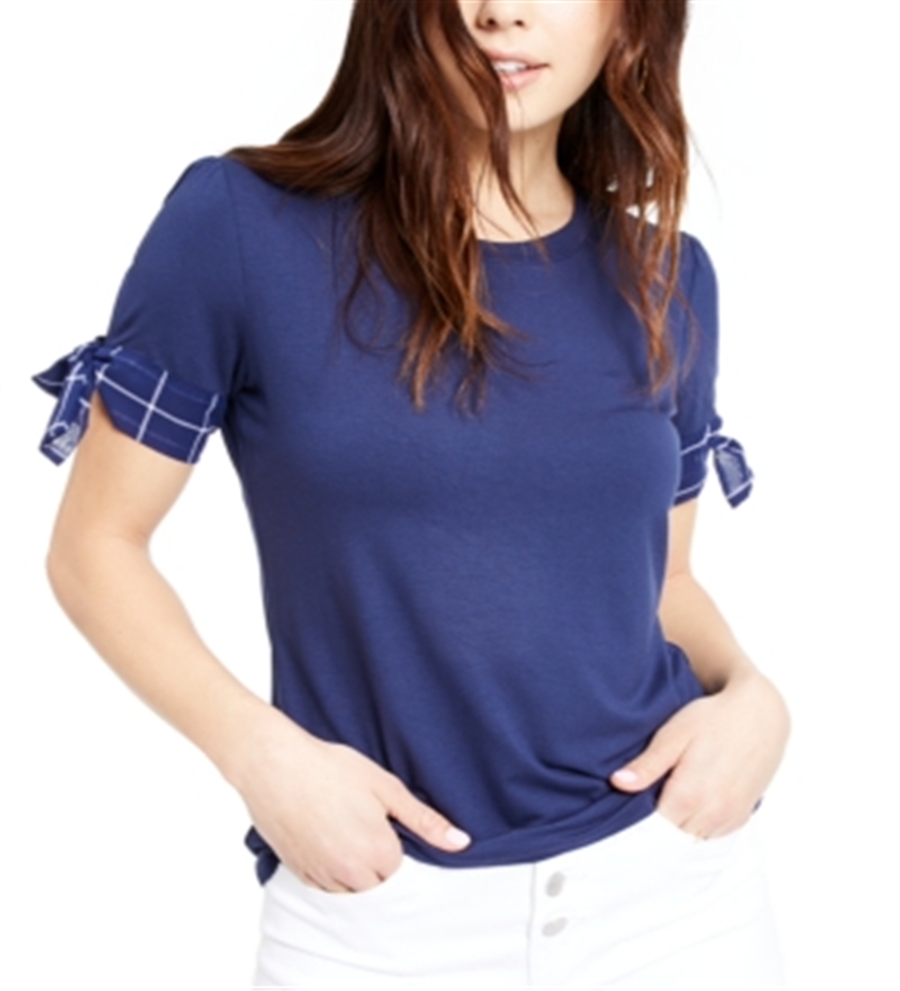 Blusa de malha feminina Maison Jules com manga amarrada, azul, tamanho pequeno