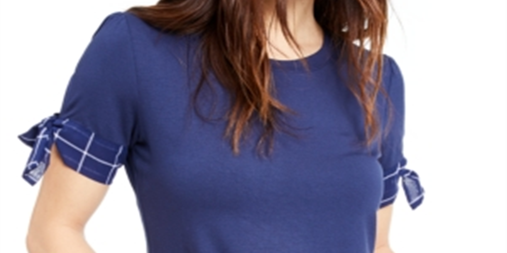 Blusa de malha feminina Maison Jules com manga amarrada, azul, tamanho pequeno