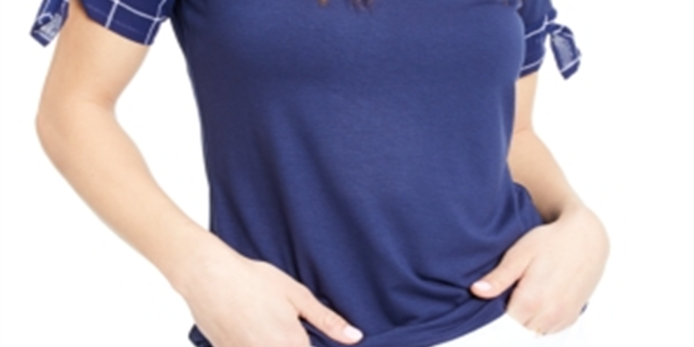 Blusa de malha feminina Maison Jules com manga amarrada, azul, tamanho pequeno