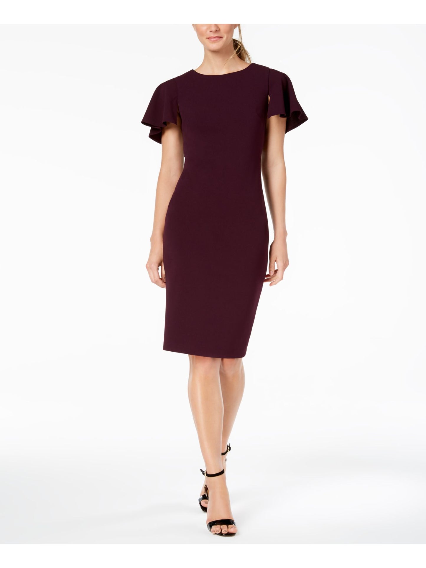 Vestido de festa Calvin Klein feminino, manga curta, decote em joia, acima do joelho, roxo, tamanho 4