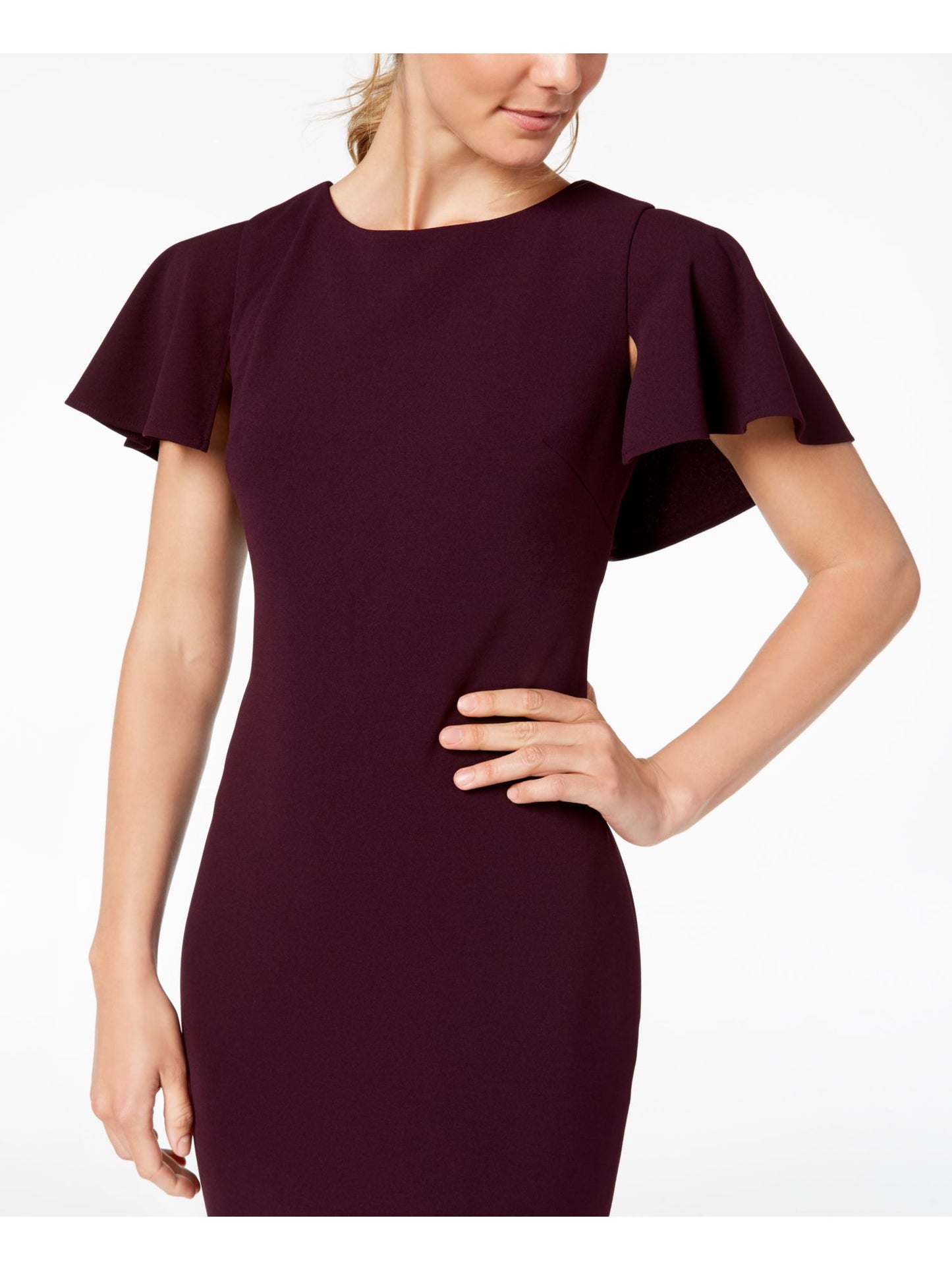 Vestido de festa Calvin Klein feminino, manga curta, decote em joia, acima do joelho, roxo, tamanho 4