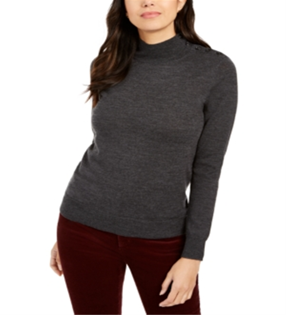 Suéter feminino de lã merino com gola alta, cinza, tamanho P, Charter Club
