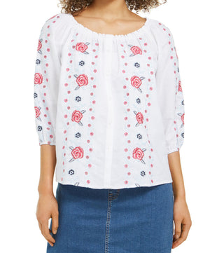 Charter Club Women's Linen Embroidered Front Blouse White Size Small