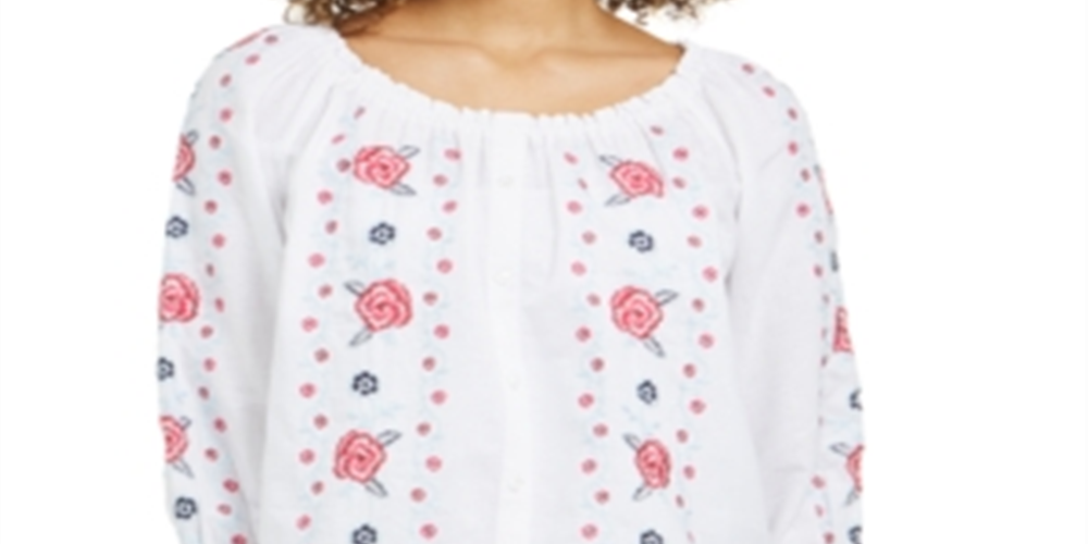 Blusa feminina Charter Club de linho com frente bordada, branca, tamanho pequeno