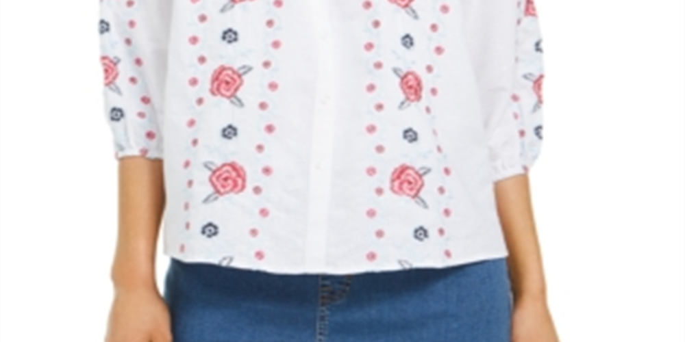 Blusa feminina Charter Club de linho com frente bordada, branca, tamanho pequeno