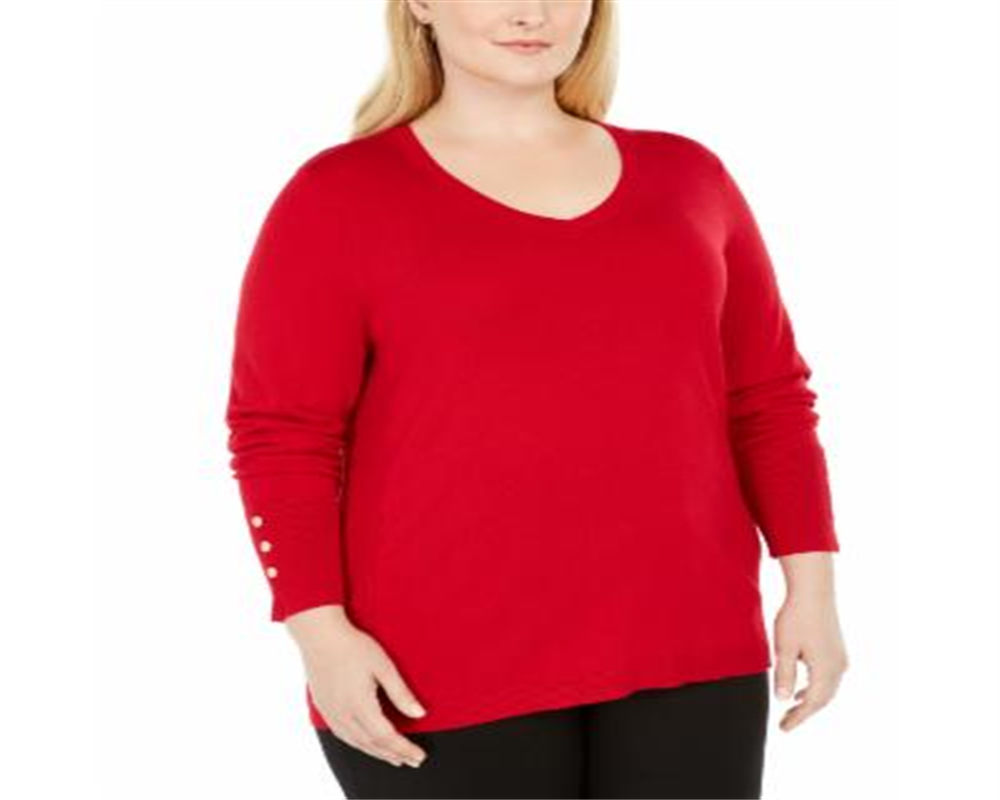 JM Collection Suéter feminino plus size com botões e decote em V, vermelho, tamanho 3X