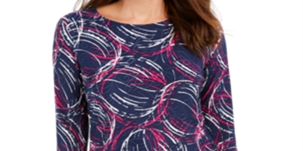 Camiseta feminina JM Collection Brushed Skies com manga 3/4 em jacquard, azul, tamanho XS