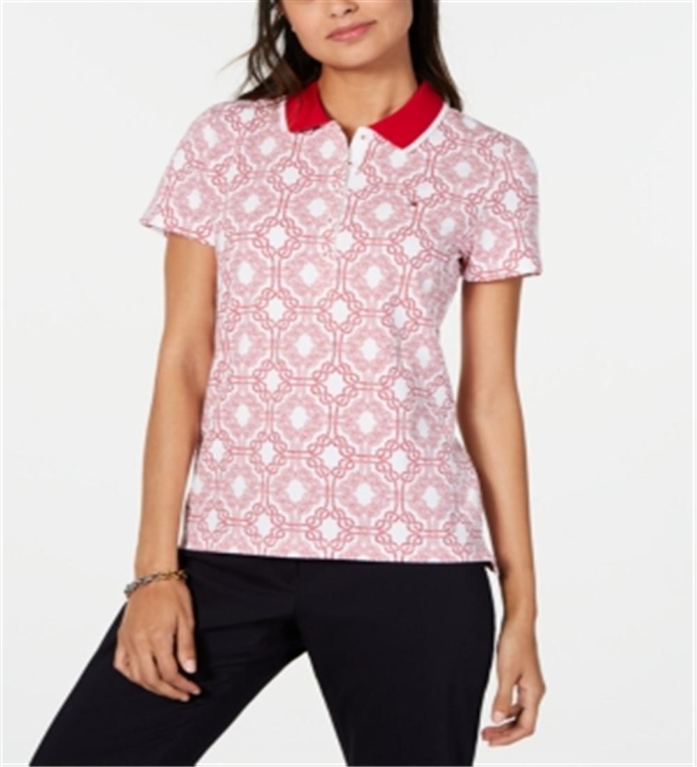 Polo Tommy Hilfiger feminino estampado de manga curta vermelho tamanho M