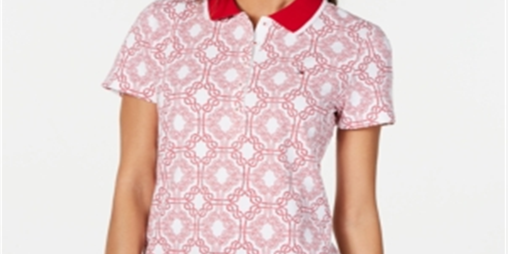 Polo Tommy Hilfiger feminino estampado de manga curta vermelho tamanho M