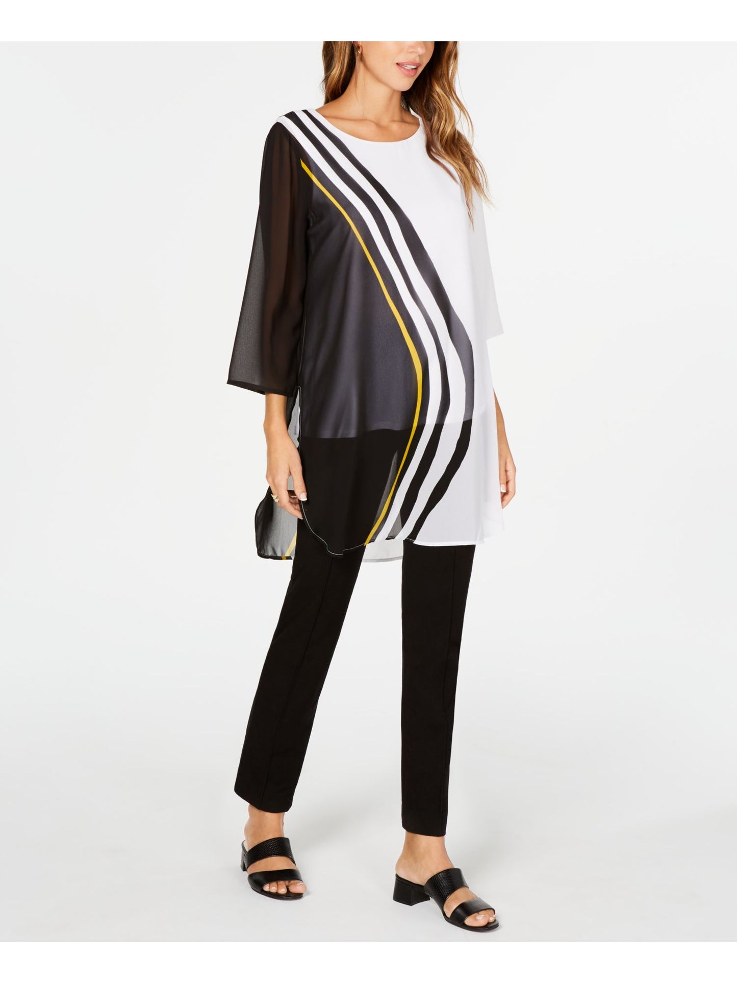 Blusa feminina Alfani com estampa de bloco de cores, manga 3/4, gola redonda, blusa de noite, preta, tamanho pequeno