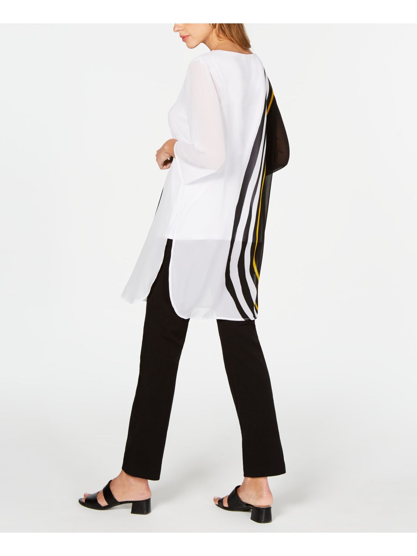 Blusa feminina Alfani com estampa de bloco de cores, manga 3/4, gola redonda, blusa de noite, preta, tamanho pequeno