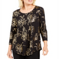 Blusa feminina com estampa de folha metálica e decote redondo, preta, tamanho médio