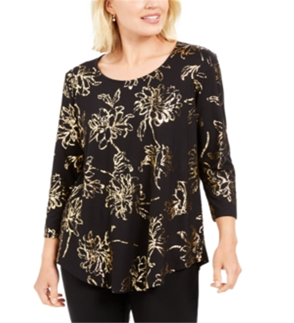 Blusa feminina com estampa de folha metálica e decote redondo, preta, tamanho médio