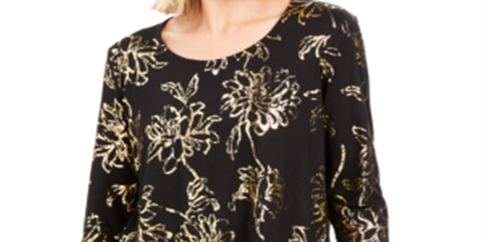 Blusa feminina com estampa de folha metálica e decote redondo, preta, tamanho médio