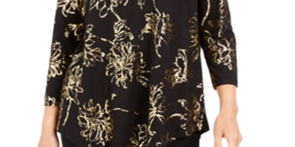 Blusa feminina com estampa de folha metálica e decote redondo, preta, tamanho médio