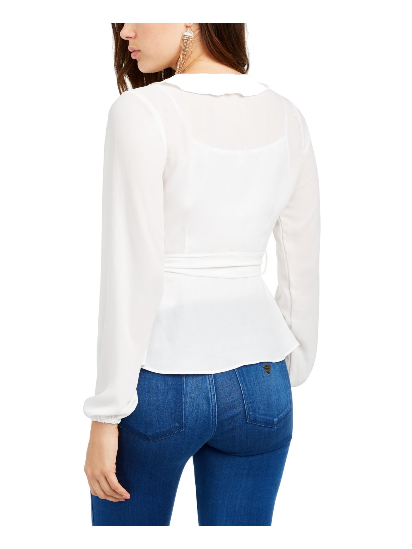 Blusa feminina com babados e mangas compridas, tamanho grande, branca, Q&amp;A